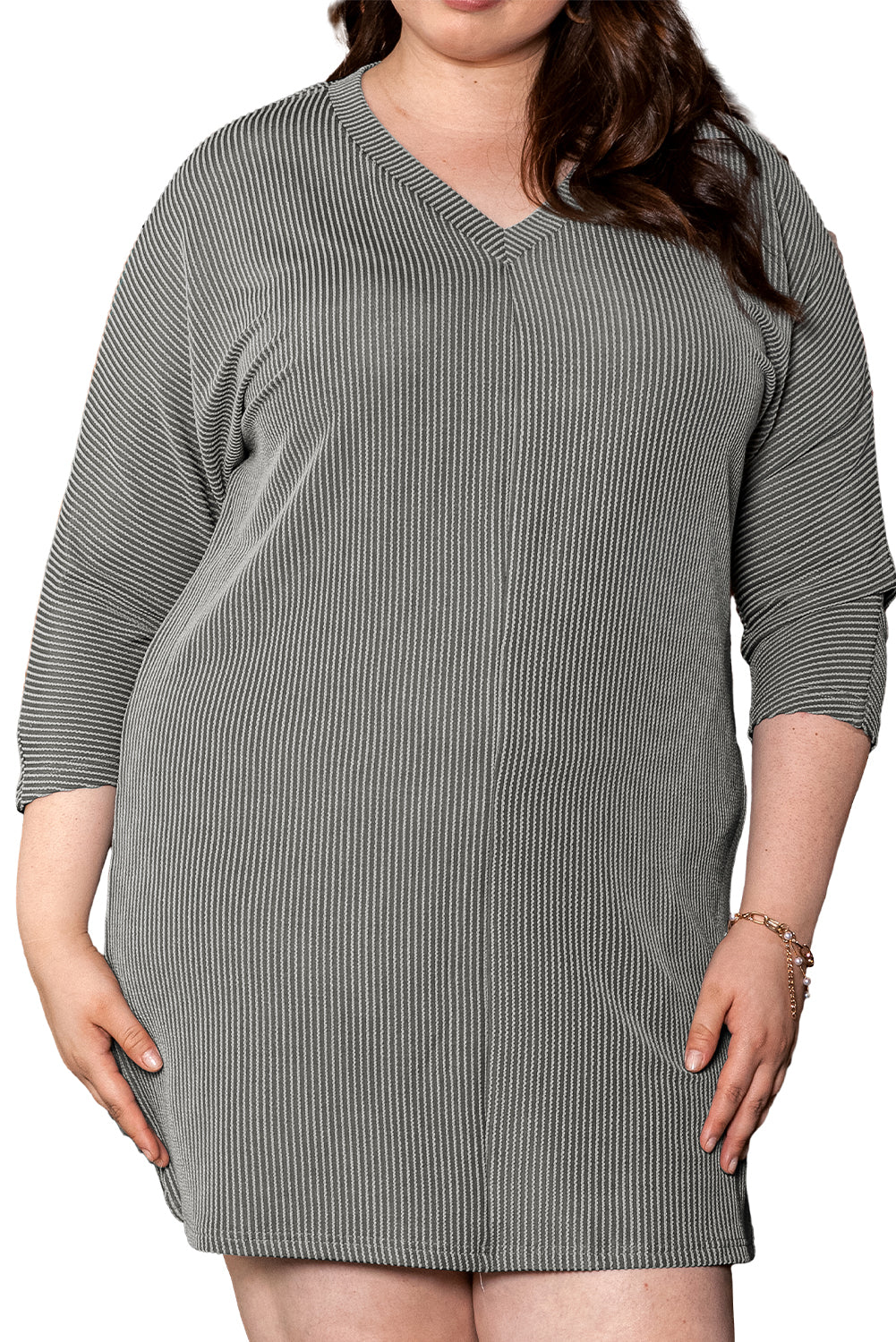 Philippine Gray  Plus Size Corded V Neck Shift Dress