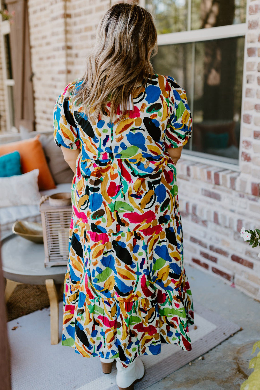 Green Abstract Print Notch Neck Bubble Sleeve Plus Dress