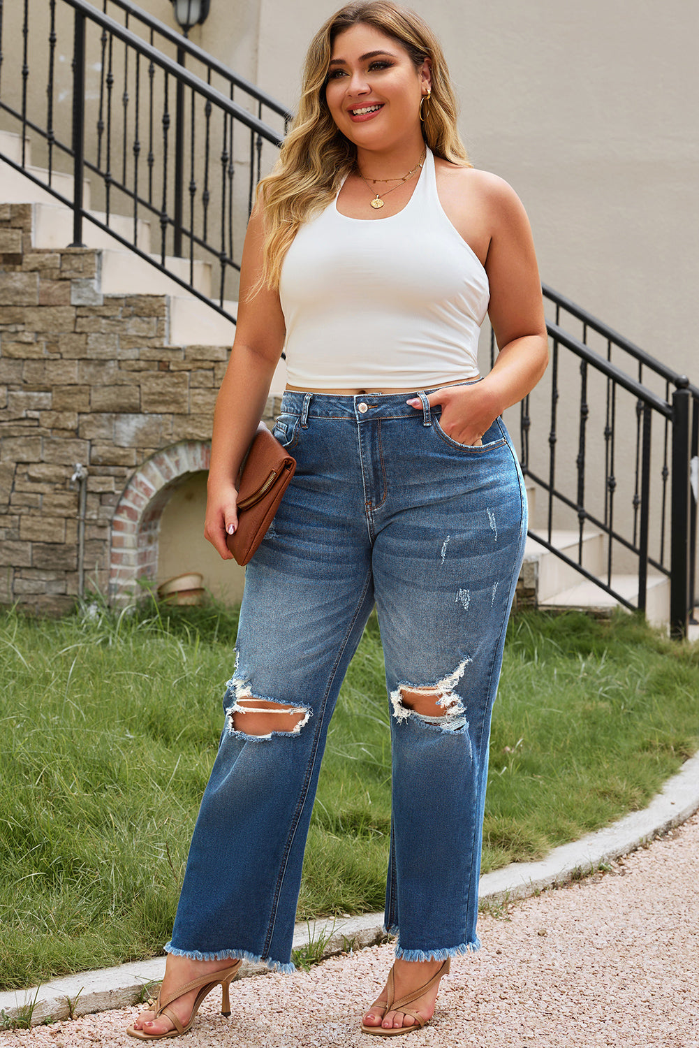 Blue Plus Size Open Knee Distressed Jeans