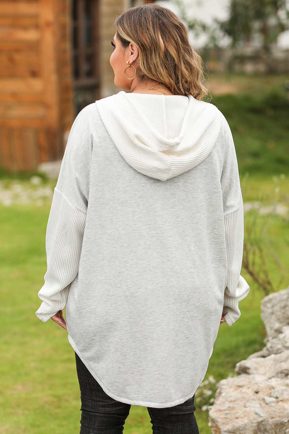 Gray Contrast Knitted Sleeves Plus Size Hoodie