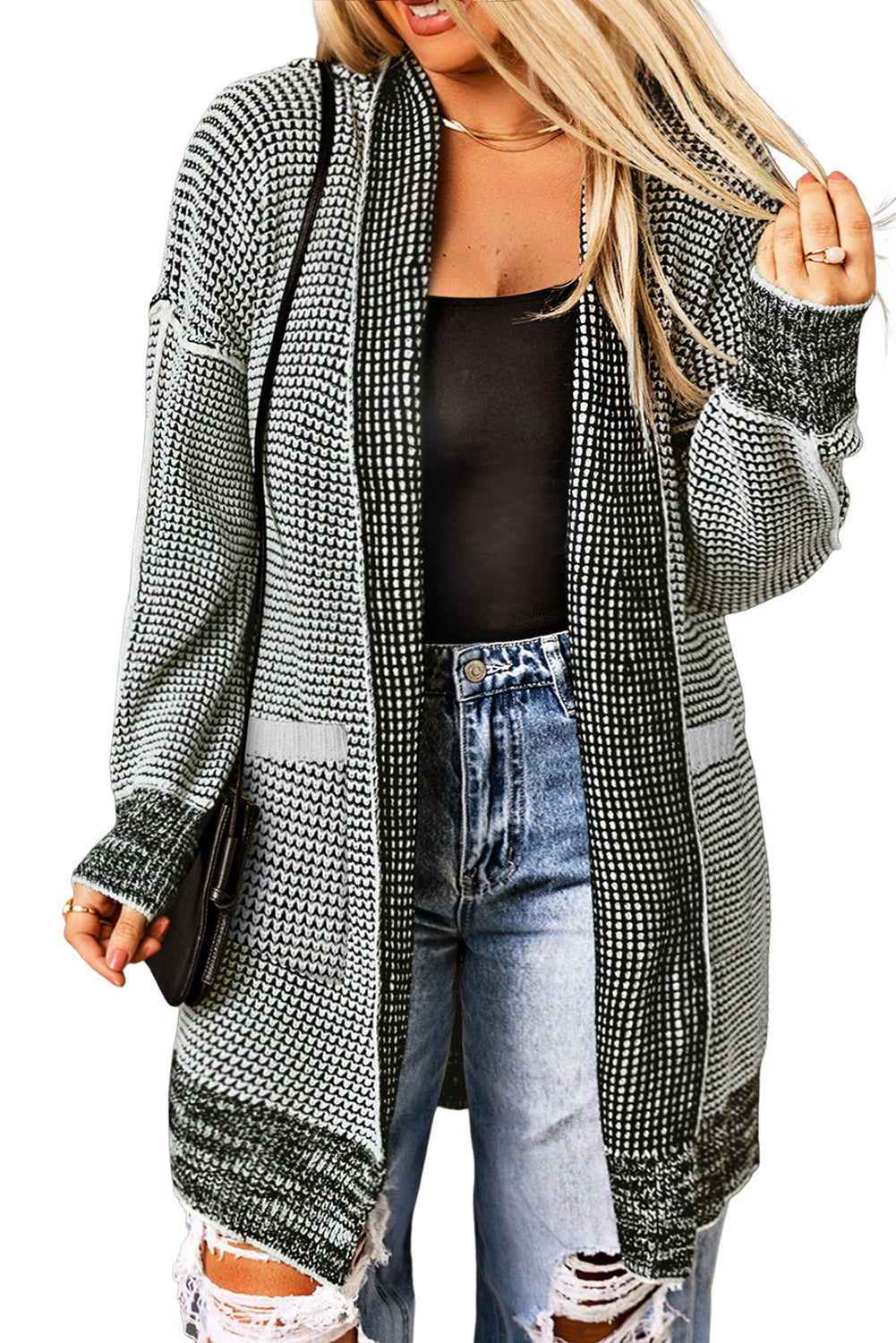 Gray Plus Size Textured Knit Cardigan