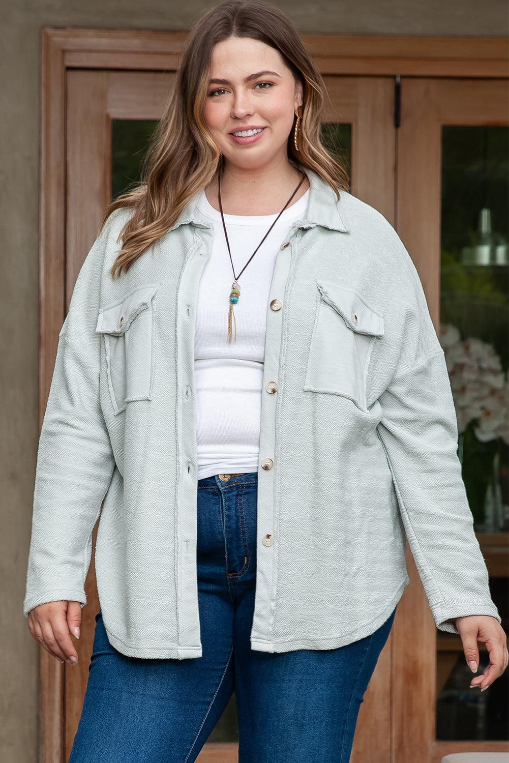 Gray Exposed Seam Flap Pocket Plus Size Shacket