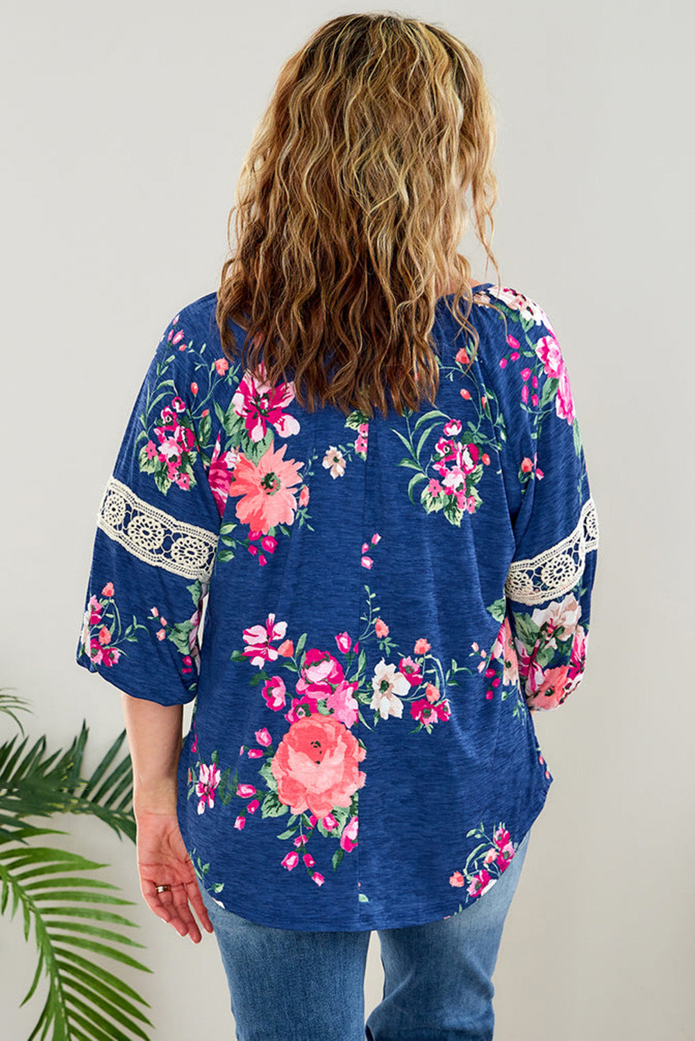 Dark Blue Plus Size Lace Patch 3/4 Sleeve Split Neck Floral Top