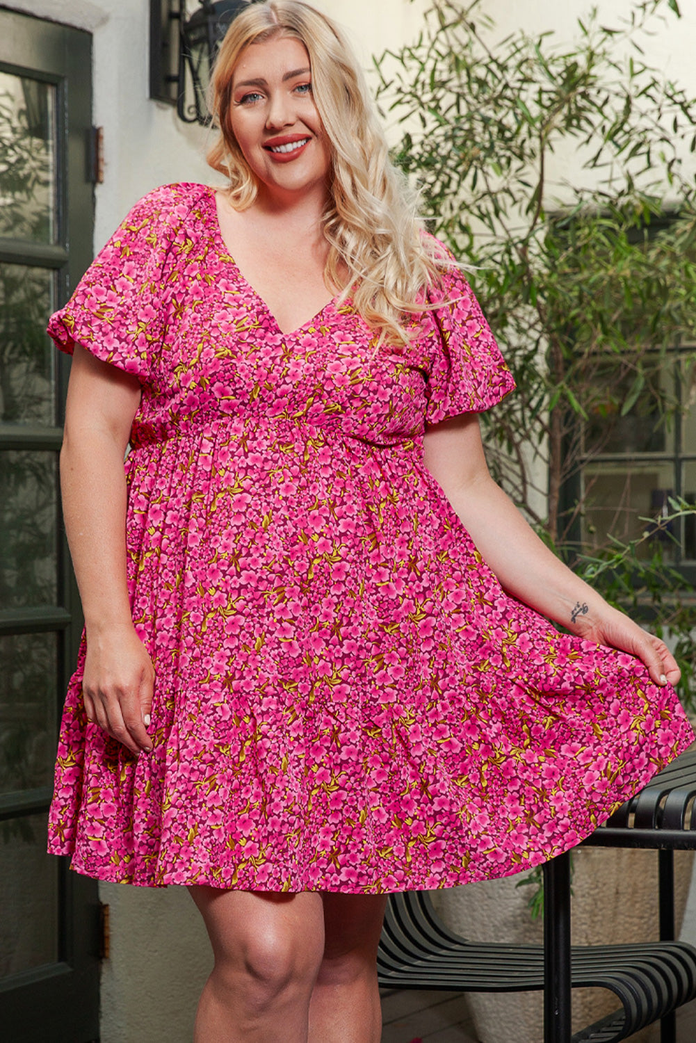 Rose Plus Size Floral V Neck Babydoll Dress