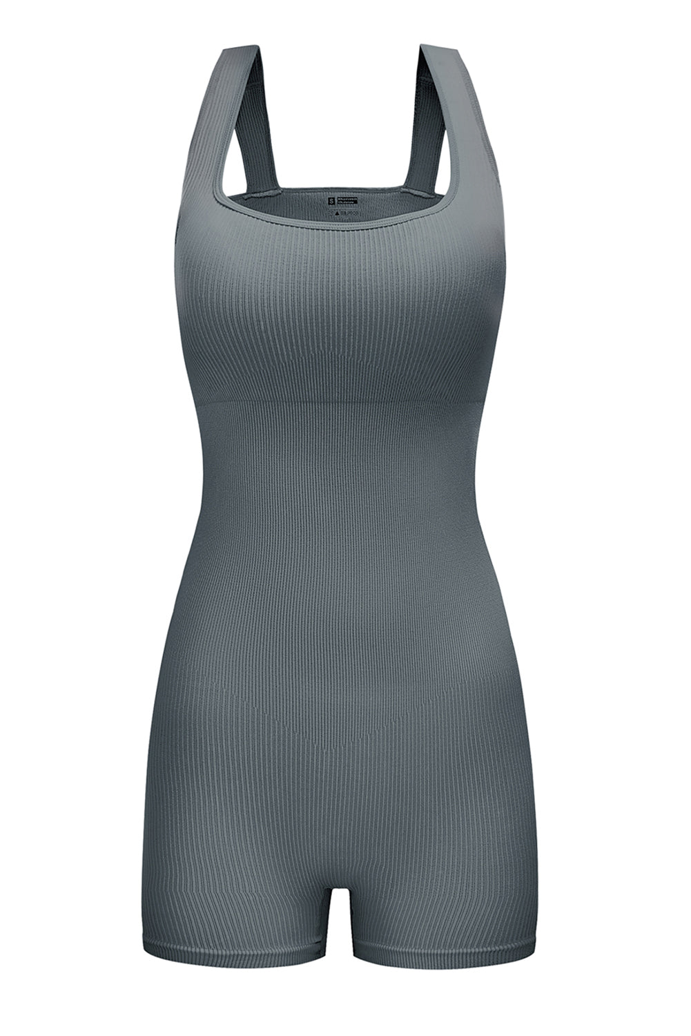 Gray Ribbed Square Neck Padded Sports Romper