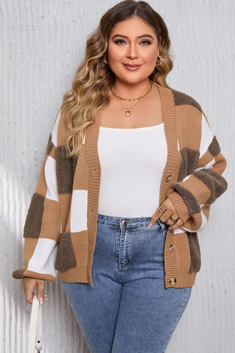 Brown Checkered Knit Ribbed Trim Buttoned Plus Cardigan