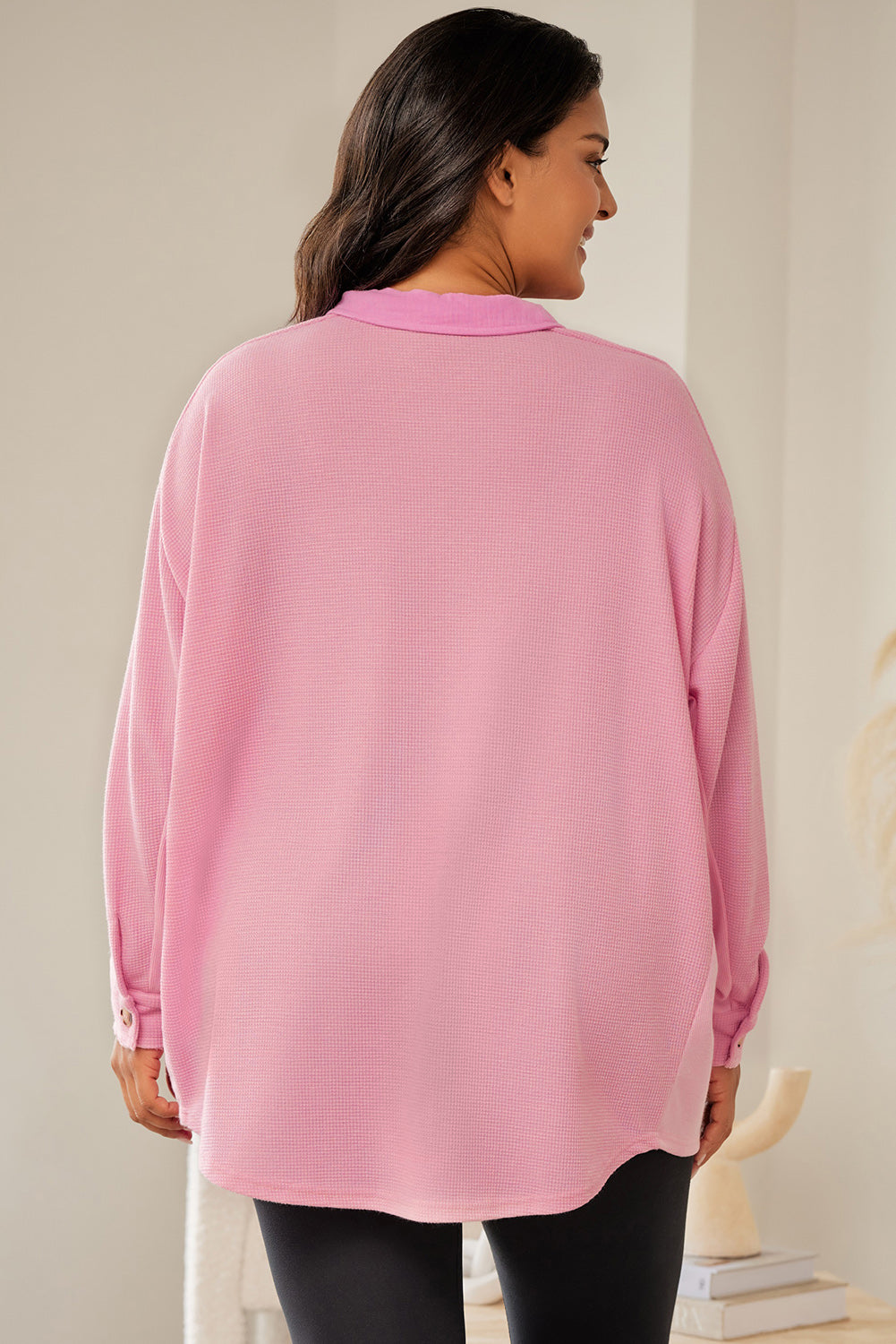 Pink Plus Size Waffle Knit Exposed Seam Shirt