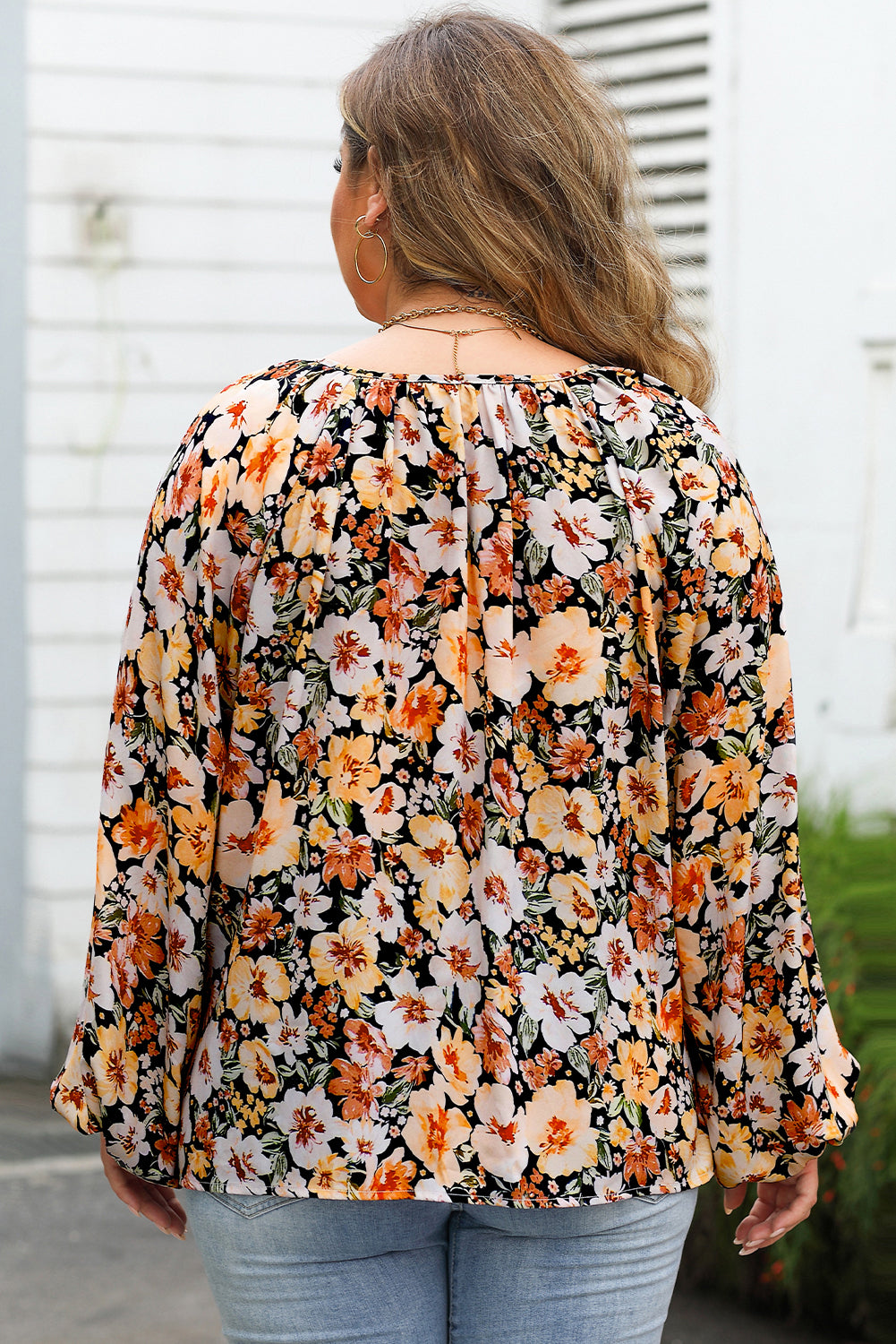 Multicolor Plus Size Floral V-Neck Long Sleeve Blouse