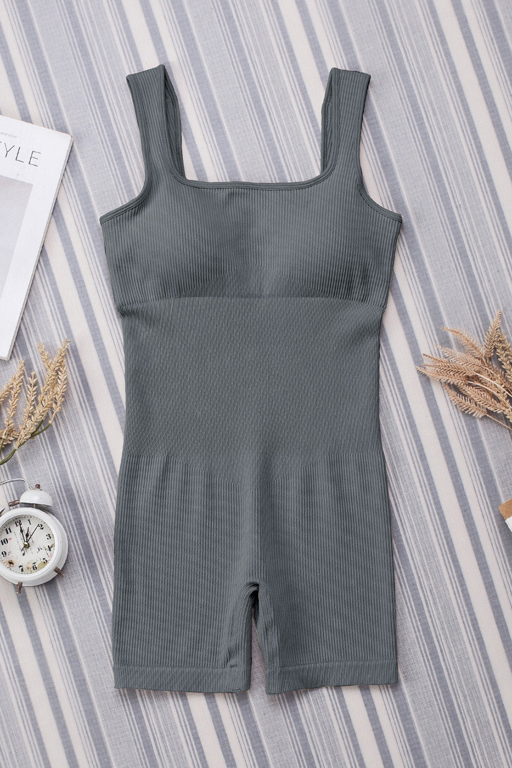 Gray Ribbed Square Neck Padded Sports Romper