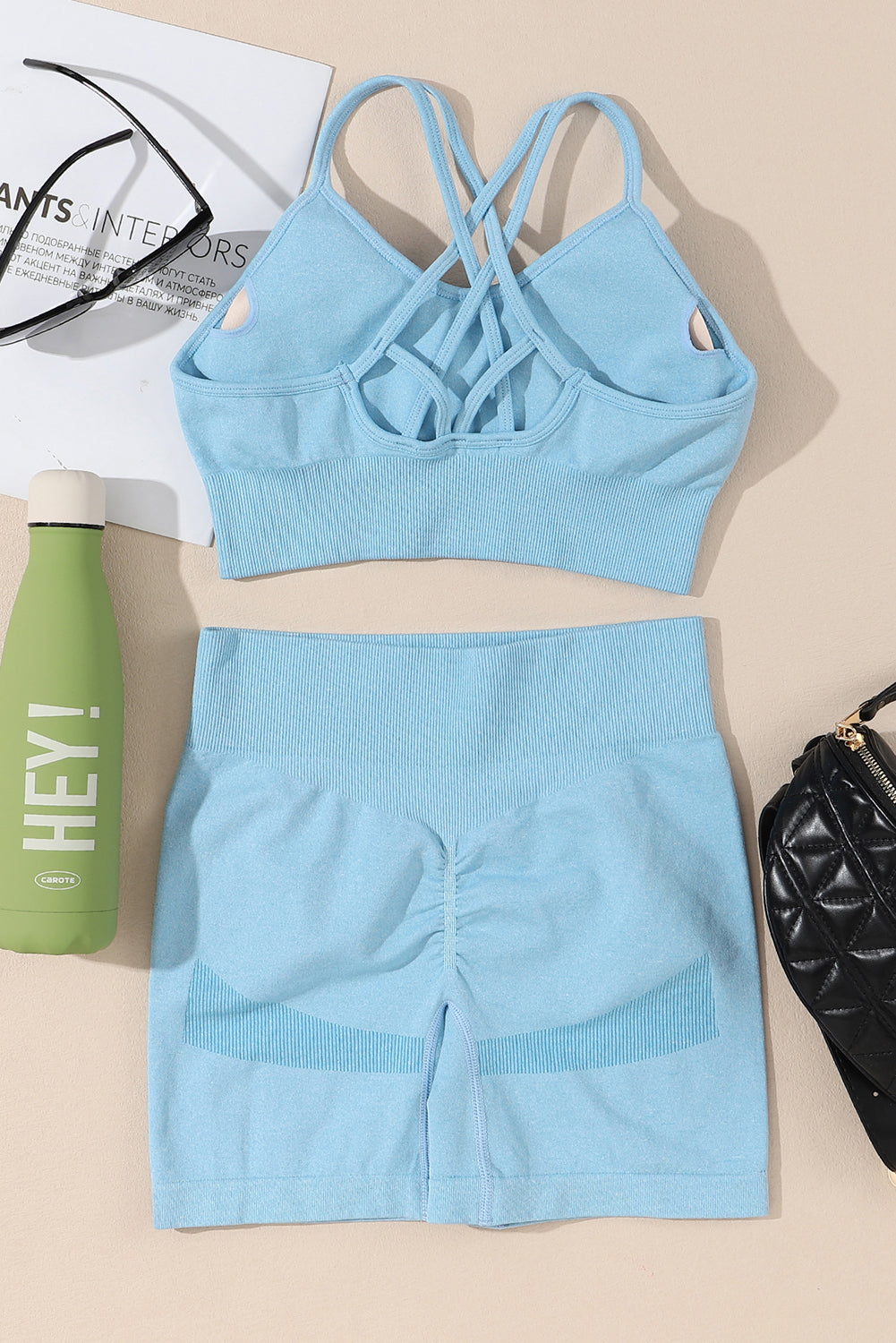 Sky Blue Ribbed Trim Strappy High Waist Active Set