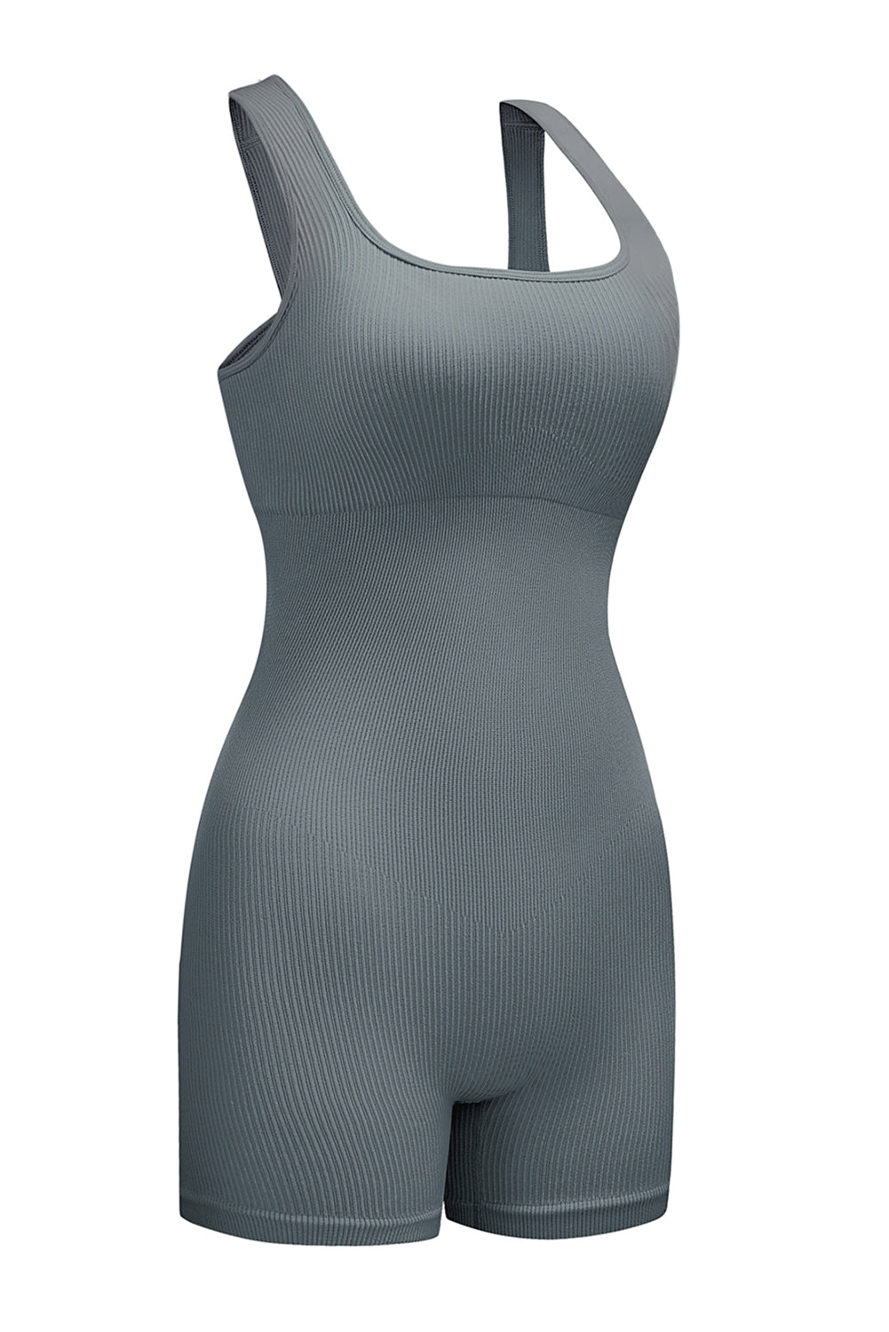 Gray Ribbed Square Neck Padded Sports Romper