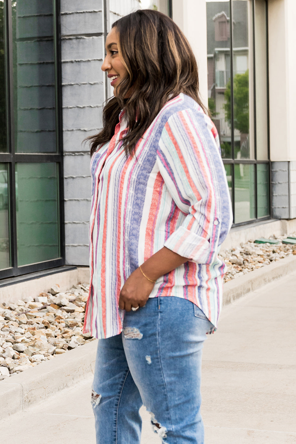 White Plus Size Striped Buttons Shirt