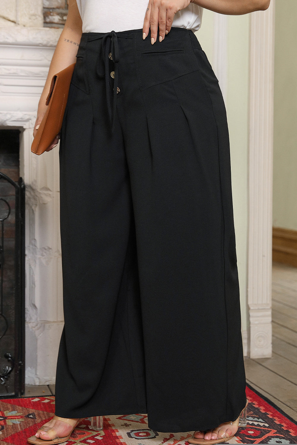 Black Buttoned Lace-up Waist Wide Leg Plus Size Pants