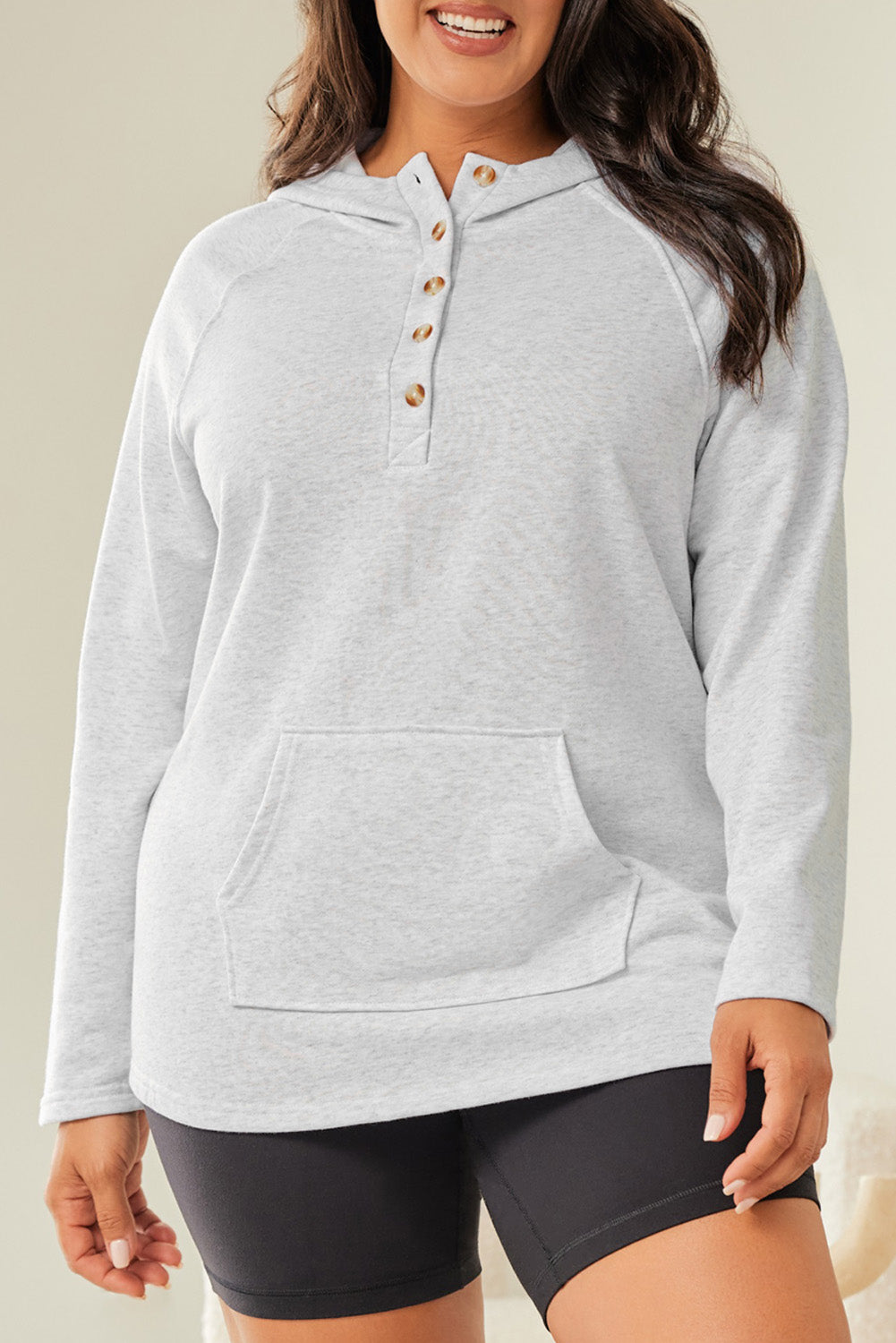 Gray Plus Size Kangaroo Pocket Henley Button Hoodie