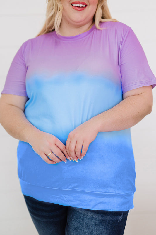 Purple Crew Neck Tie-dye Colorblock Plus Size Tee