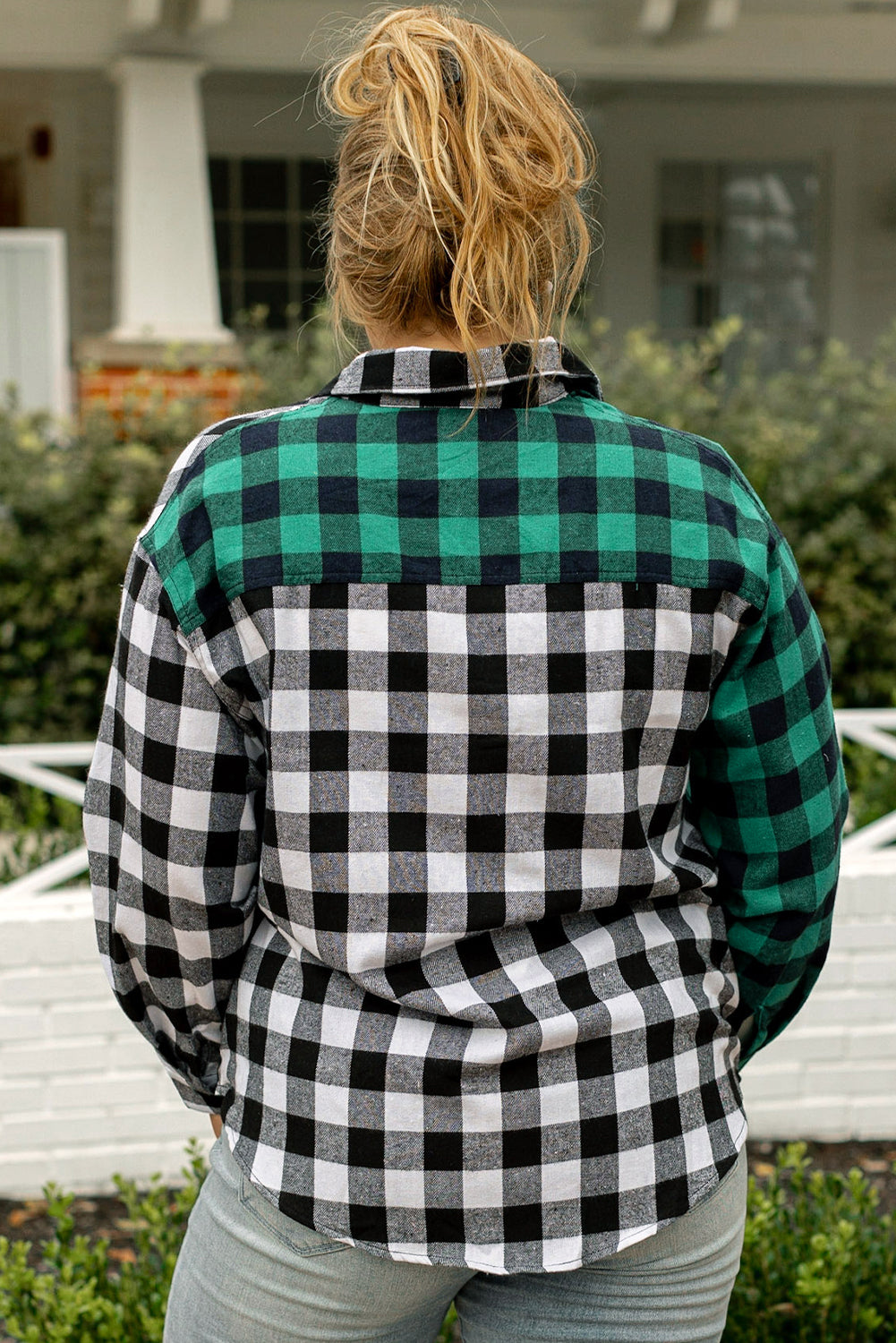 Sea Green Plaid Color Block Buttoned Plus Size Shacket