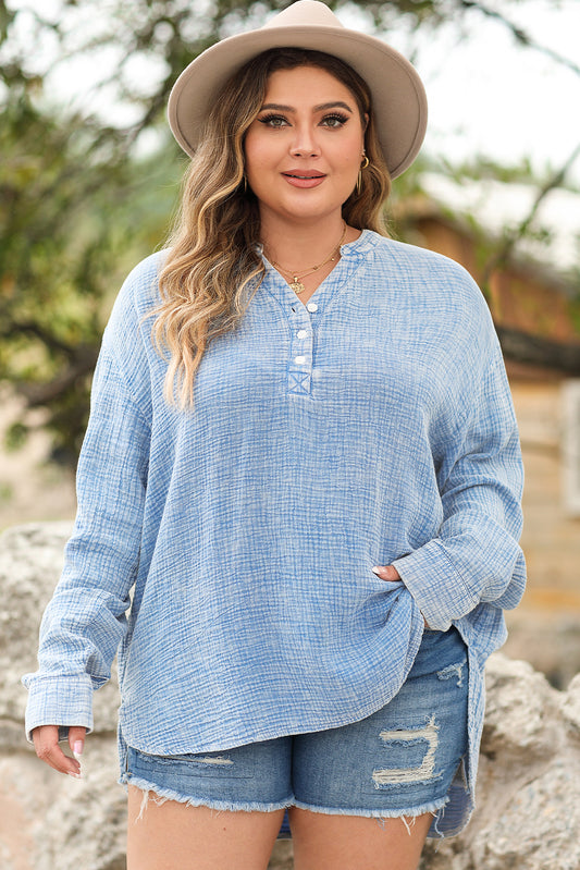 Light Blue Plus Size Split Neck Buttons Crinkled Blouse