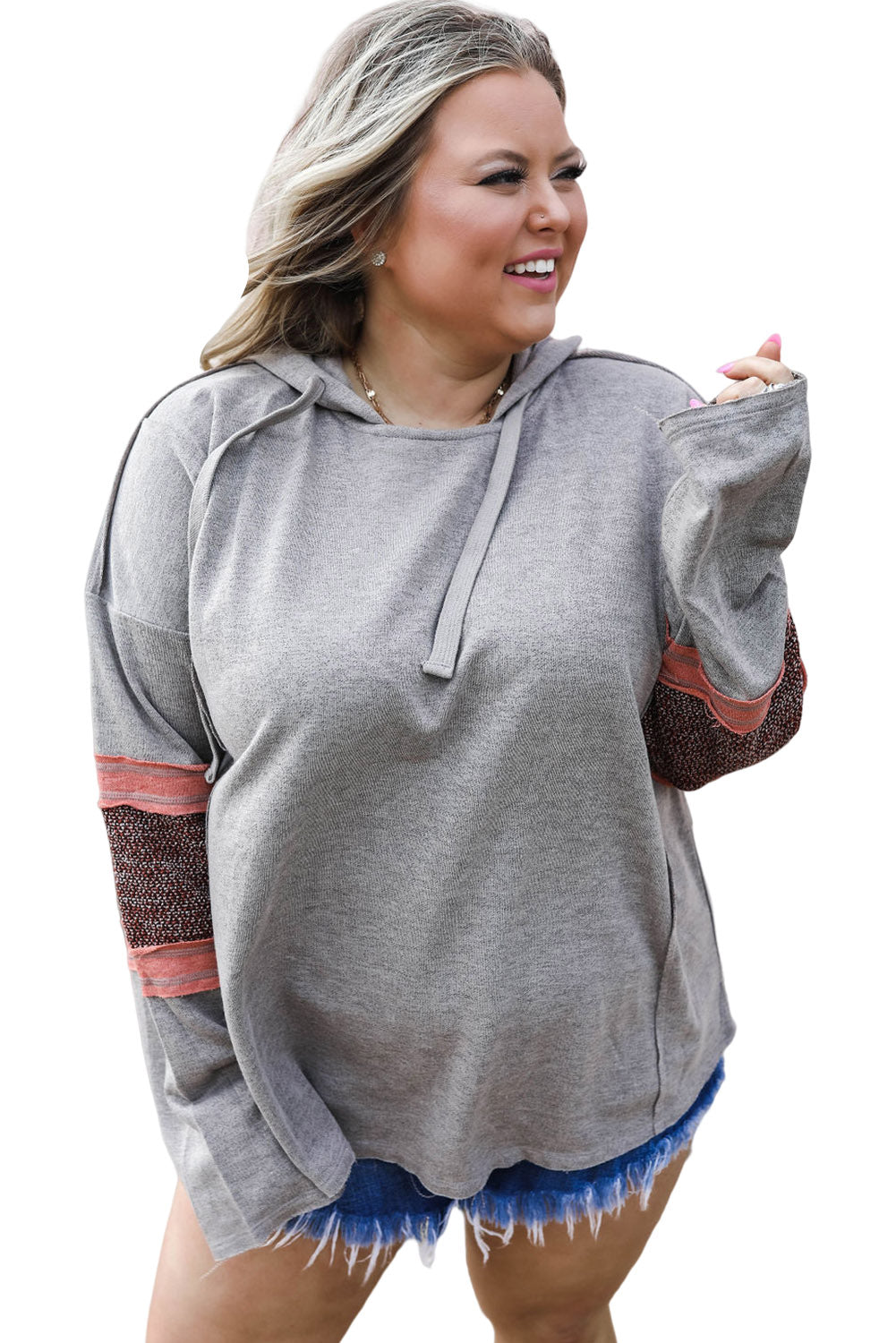 Gray Contrast Patched Sleeve Plus Size Hoodie