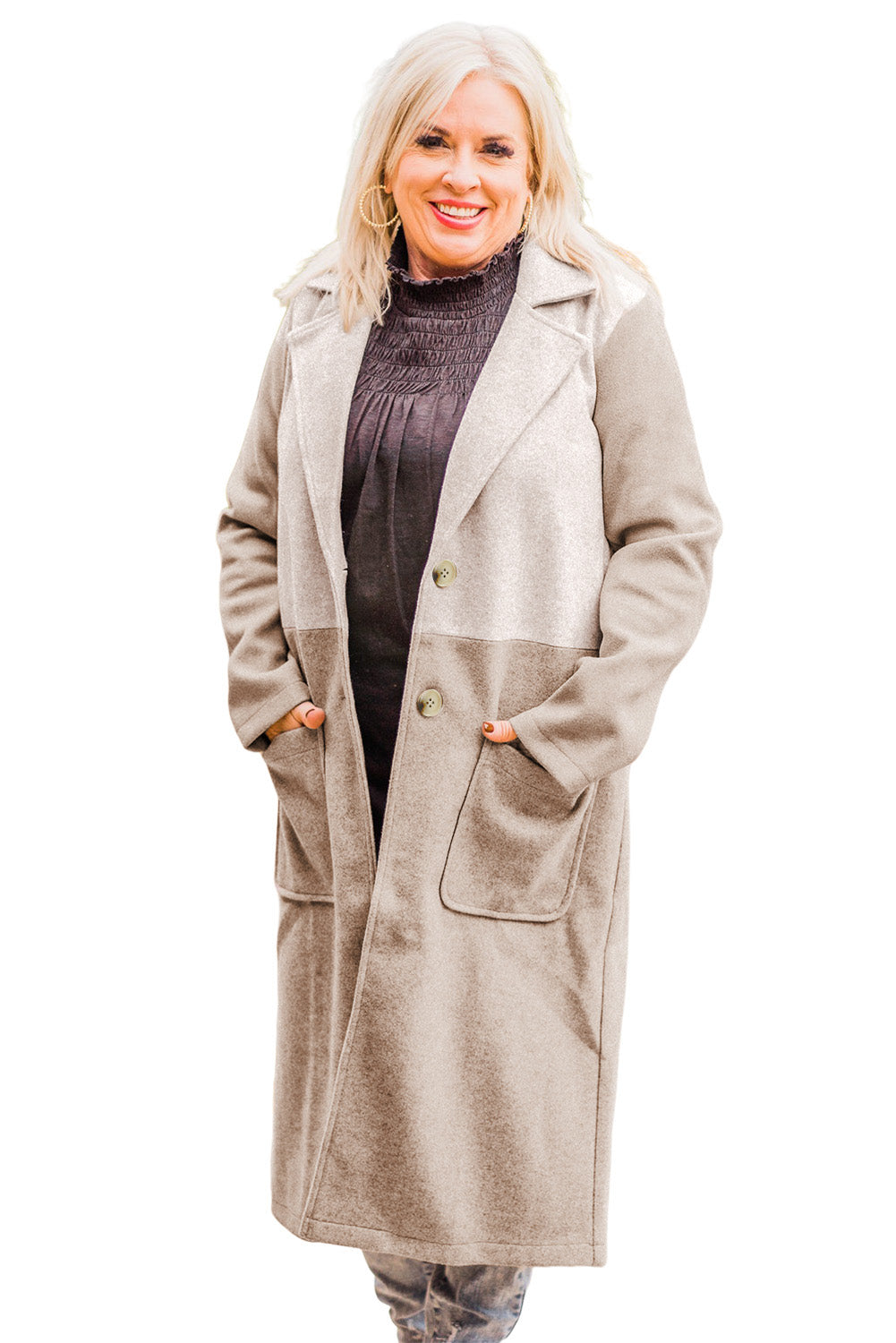 Khaki Plus Size Colorblock Lapel Collar Long Coat