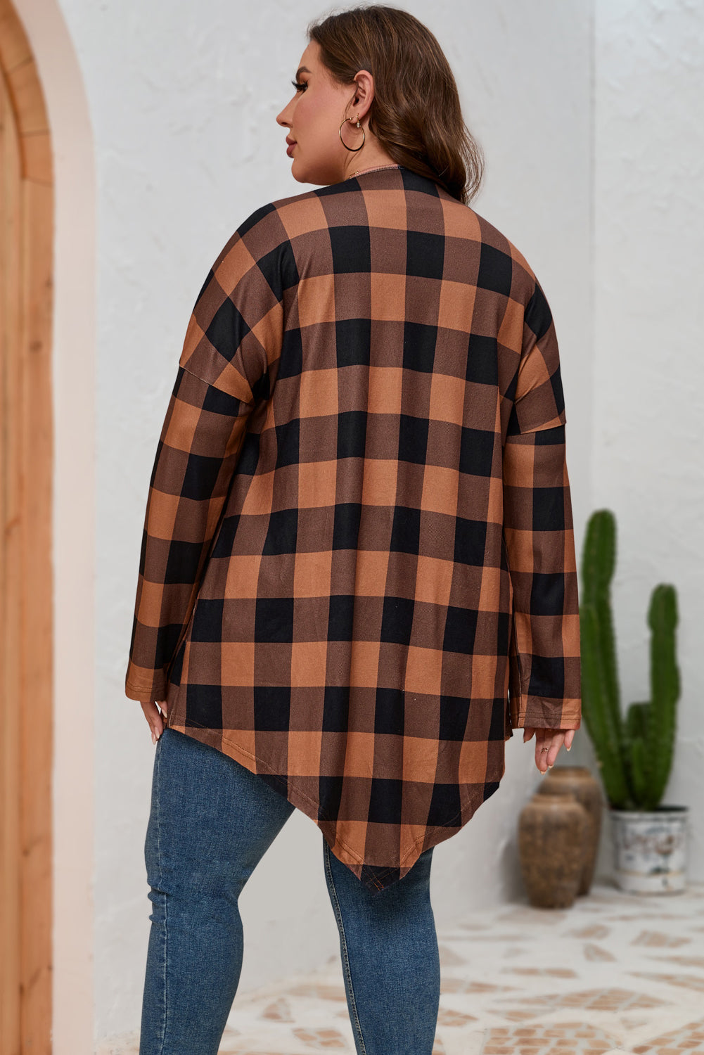 Brown Plus Size Plaid Pattern Open Front Cardigan