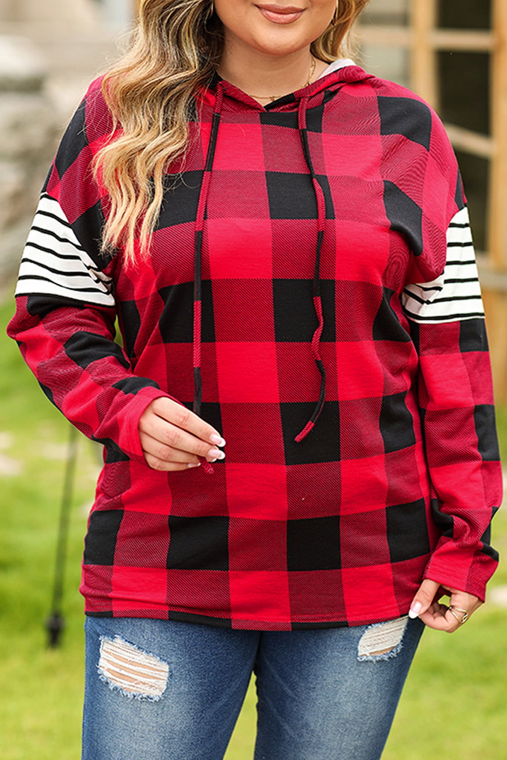 Fiery Red Plus Size Plaid Striped Patch Sleeve Hoodie