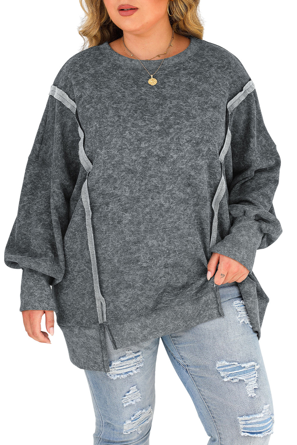 Gray Expose Seamed Washed Split Plus Size Sweatshirt