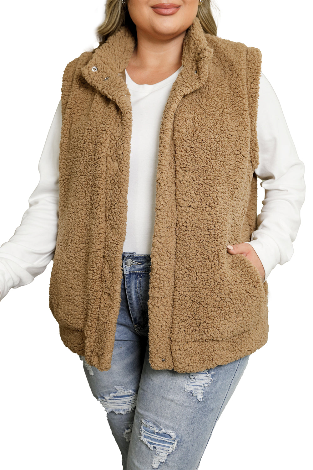 Khaki Plus Size Pocketed Sherpa Vest