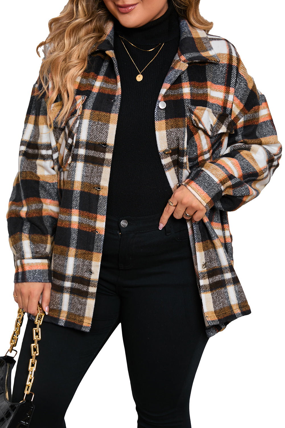 Navy Blue Plus Size Plaid Flap Pocket Shacket