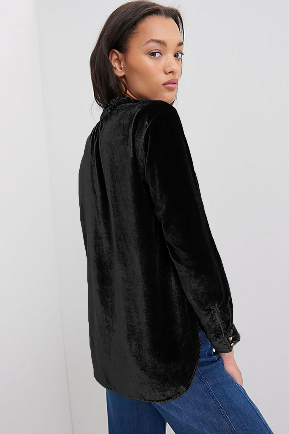 Black Frilled Neck Buttoned Front Velvet Top