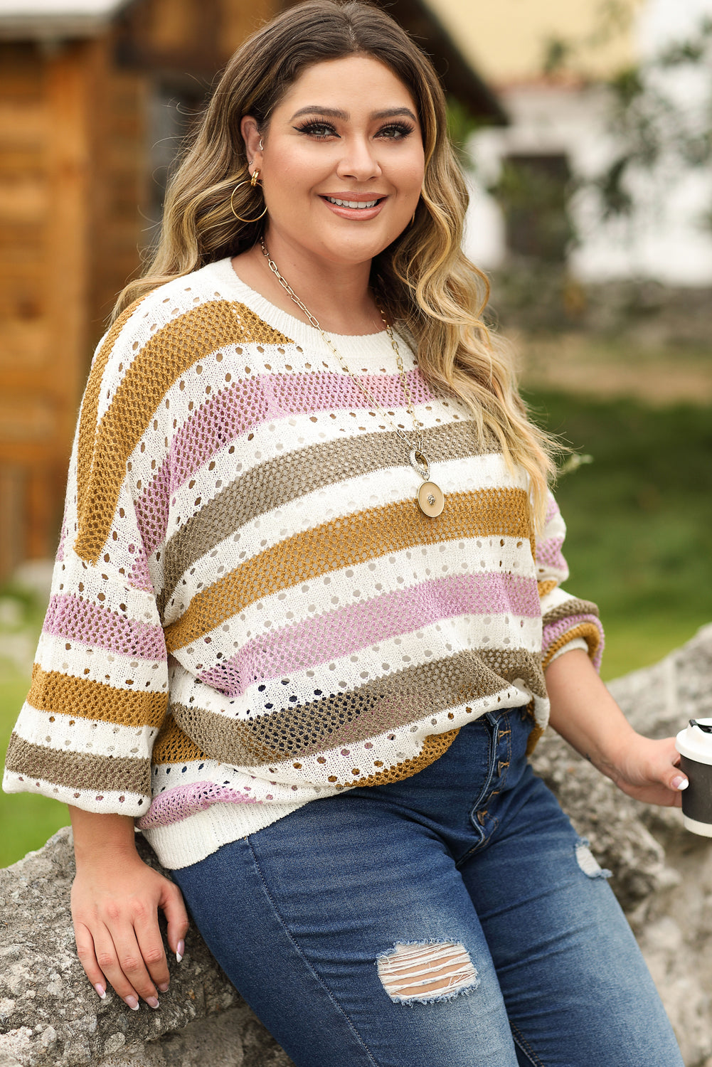 Multicolor Plus Size Striped Hollowed Knitted Loose Sweater