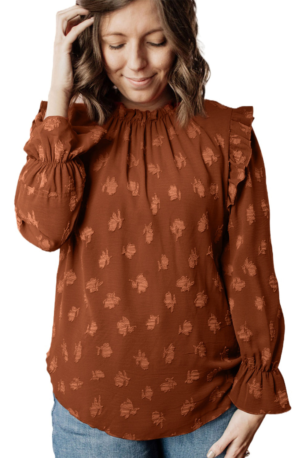 Chestnut Plus Size Textured Frill Trim Flounce Sleeve Blouse