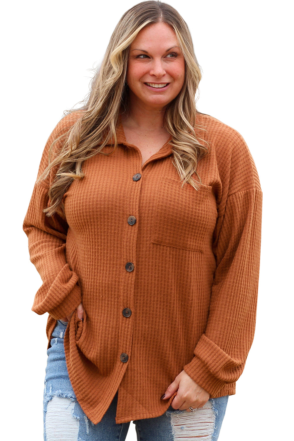 Brown Plus Size Waffle Knit Textured Shacket