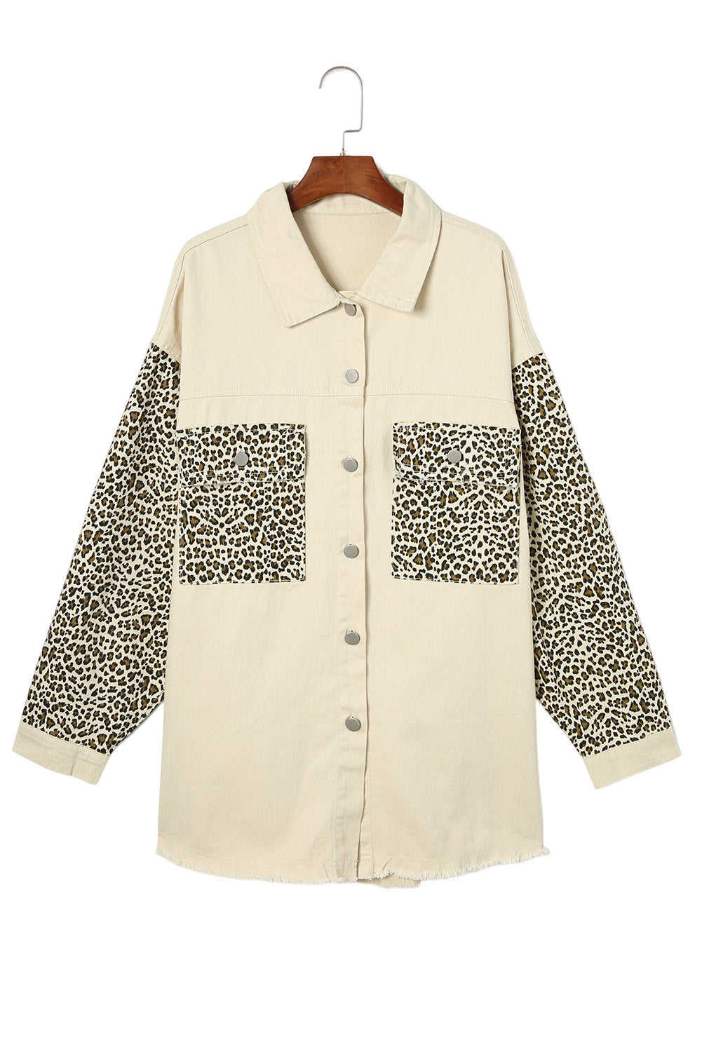 Apricot Plus Size Leopard Sleeve Raw Hem Denim Jacket