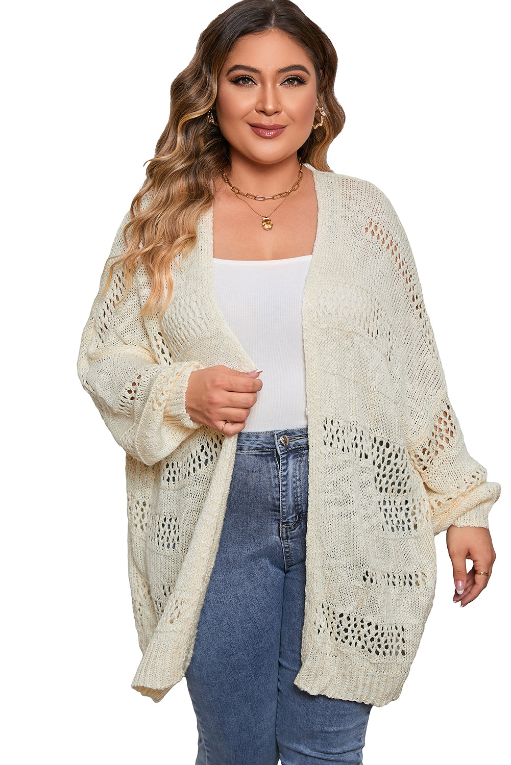 Apricot Plus Size Slouchy Hollowed Knit Open Front Cardigan