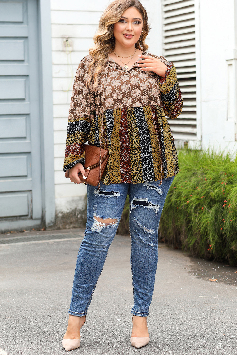 Brown Mix Floral Striped Ethnic Splicing Plus Size Blouse