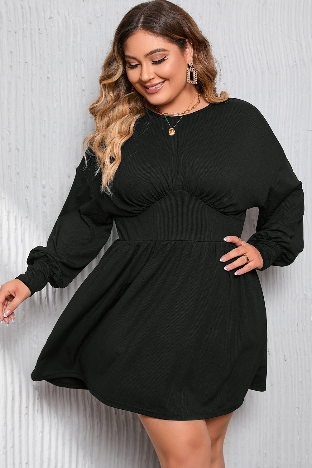 Black Plus Size Ribbed Knit Long Sleeve Tunic Babydoll Top