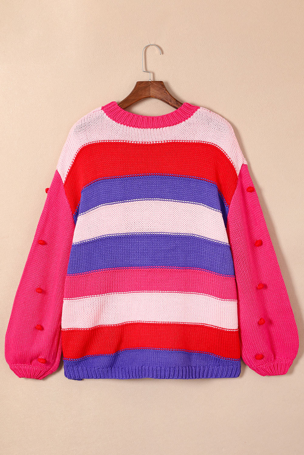 Pink Plus Size Striped Knit Pompom Puff Sleeve Sweater