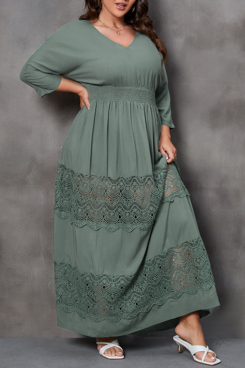 Mist Green Plus Size 3/4 Sleeve Smocked Lace Decor Maxi Dress