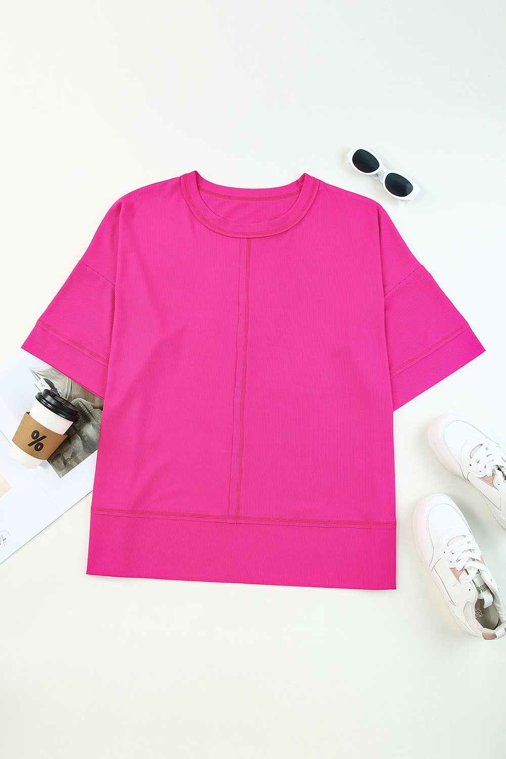 Pink Plus Size Ribbed 3/4 Sleeves Flowy Top