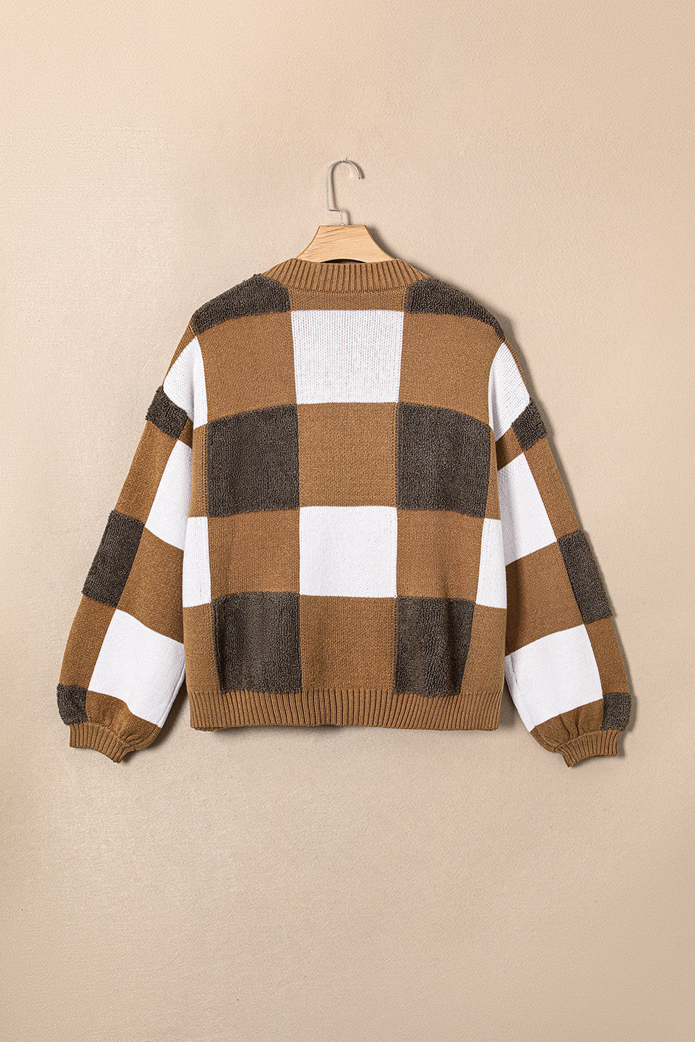 Brown Checkered Knit Ribbed Trim Buttoned Plus Cardigan