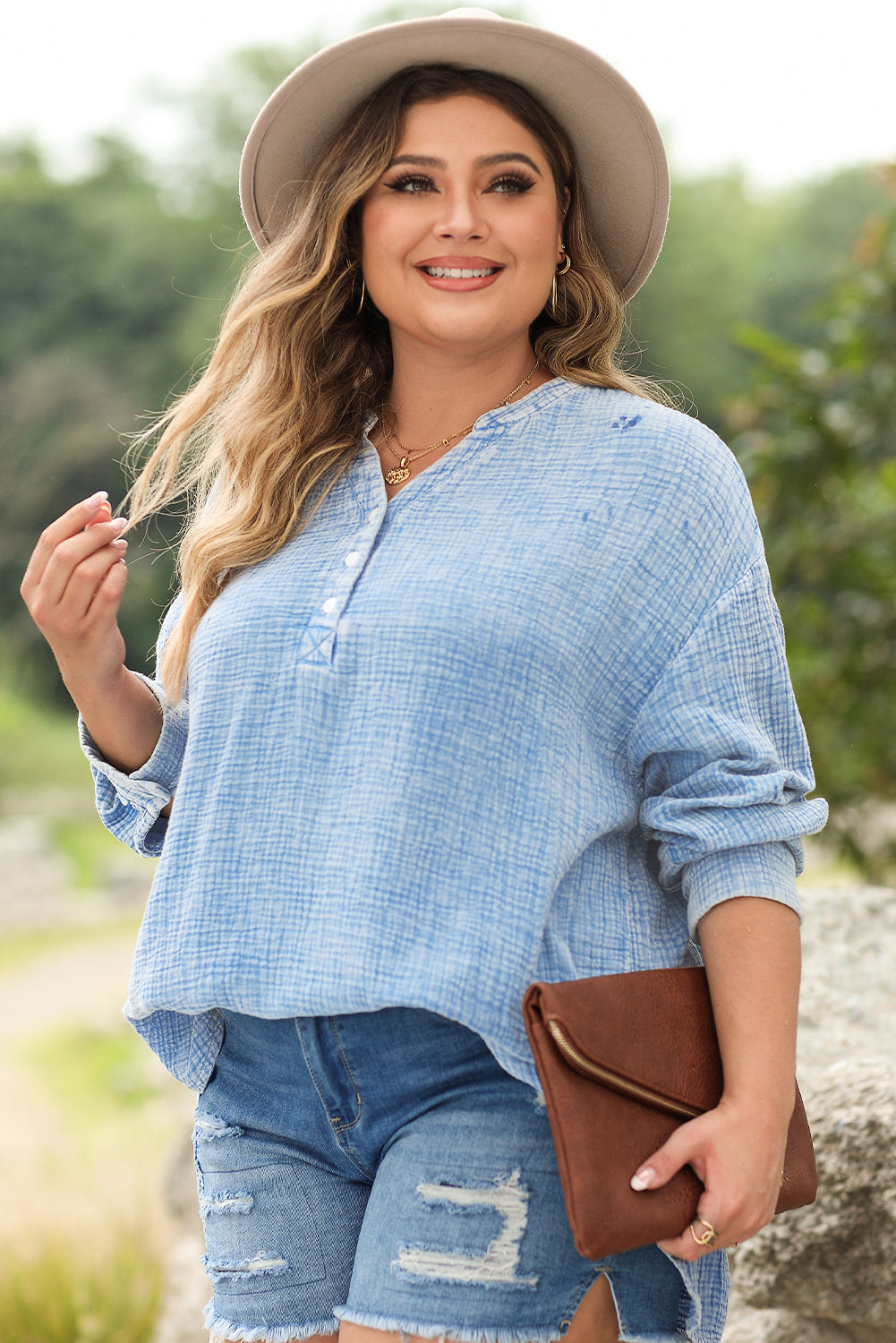 Light Blue Plus Size Split Neck Buttons Crinkled Blouse