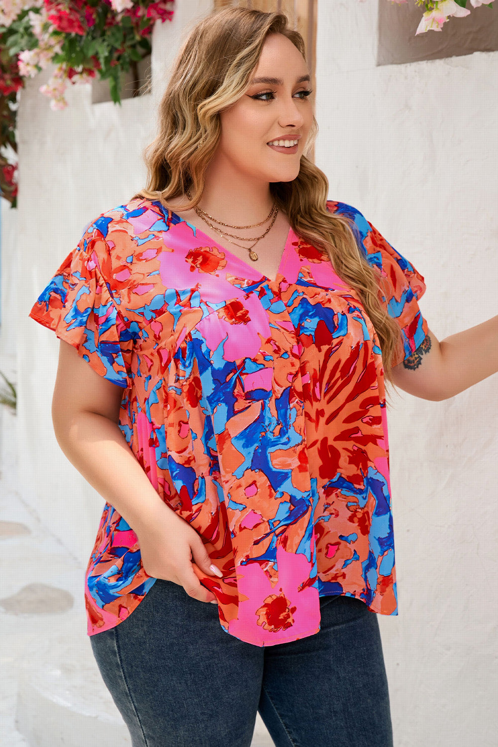 Fiery Red Abstract Floral Print V Neck Plus Blouse