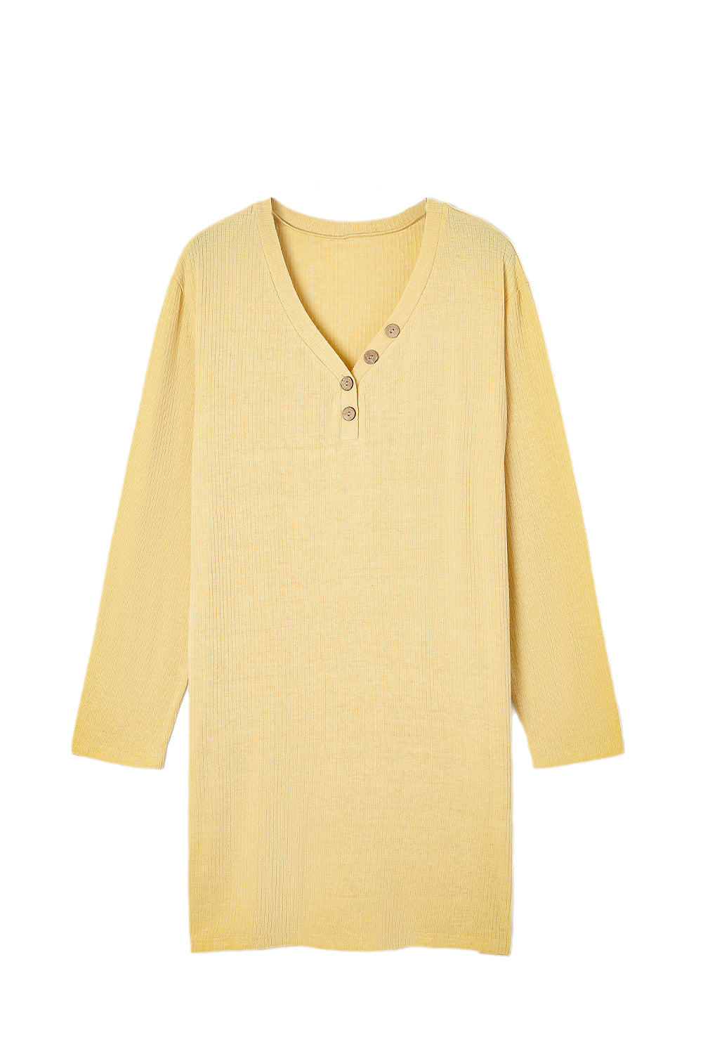 Yellow Plus Size Ribbed Long Sleeve Pocketed Henley Dress