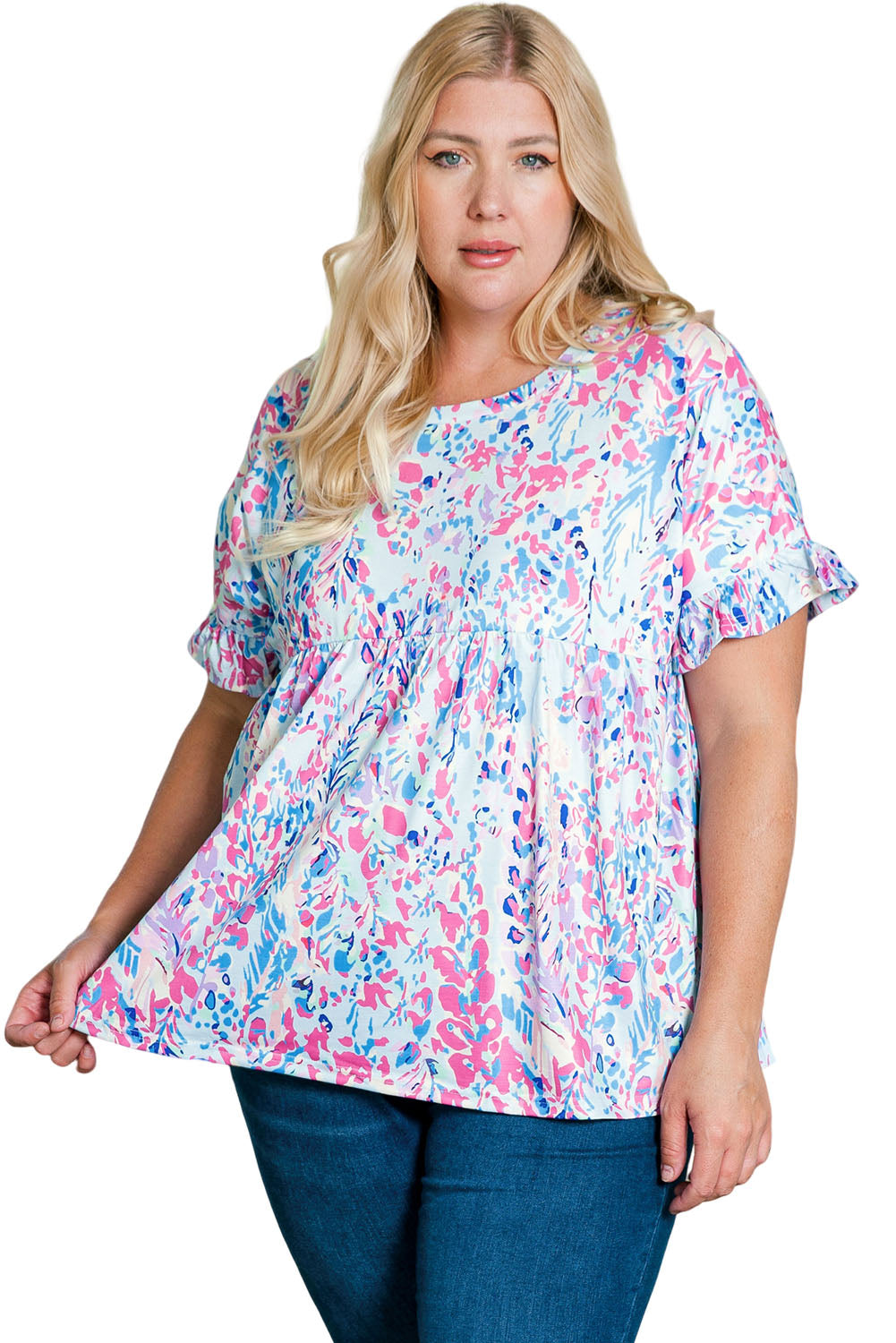 Purple Vibrant Botanical Print Frill Short Sleeve Plus Size Top