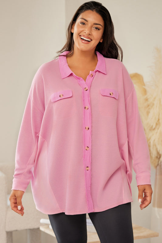 Pink Plus Size Waffle Knit Exposed Seam Shirt