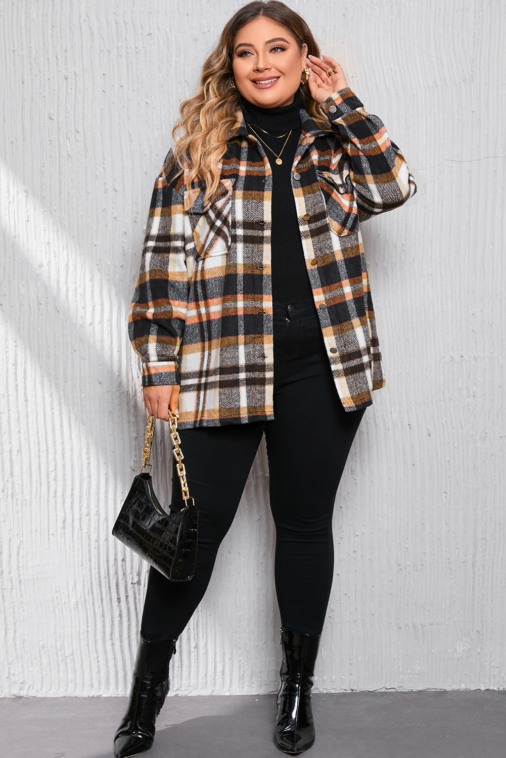 Navy Blue Plus Size Plaid Flap Pocket Shacket