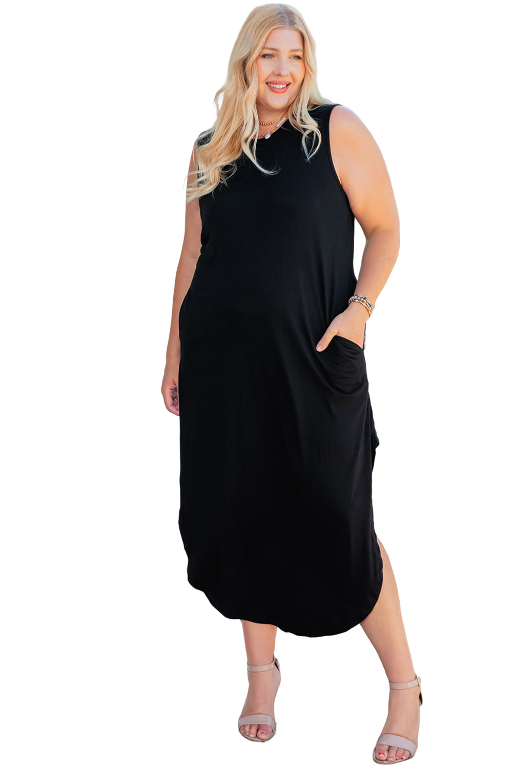 Black Plus Size Wide Sleeveless Shoulder Straps Maxi Dress