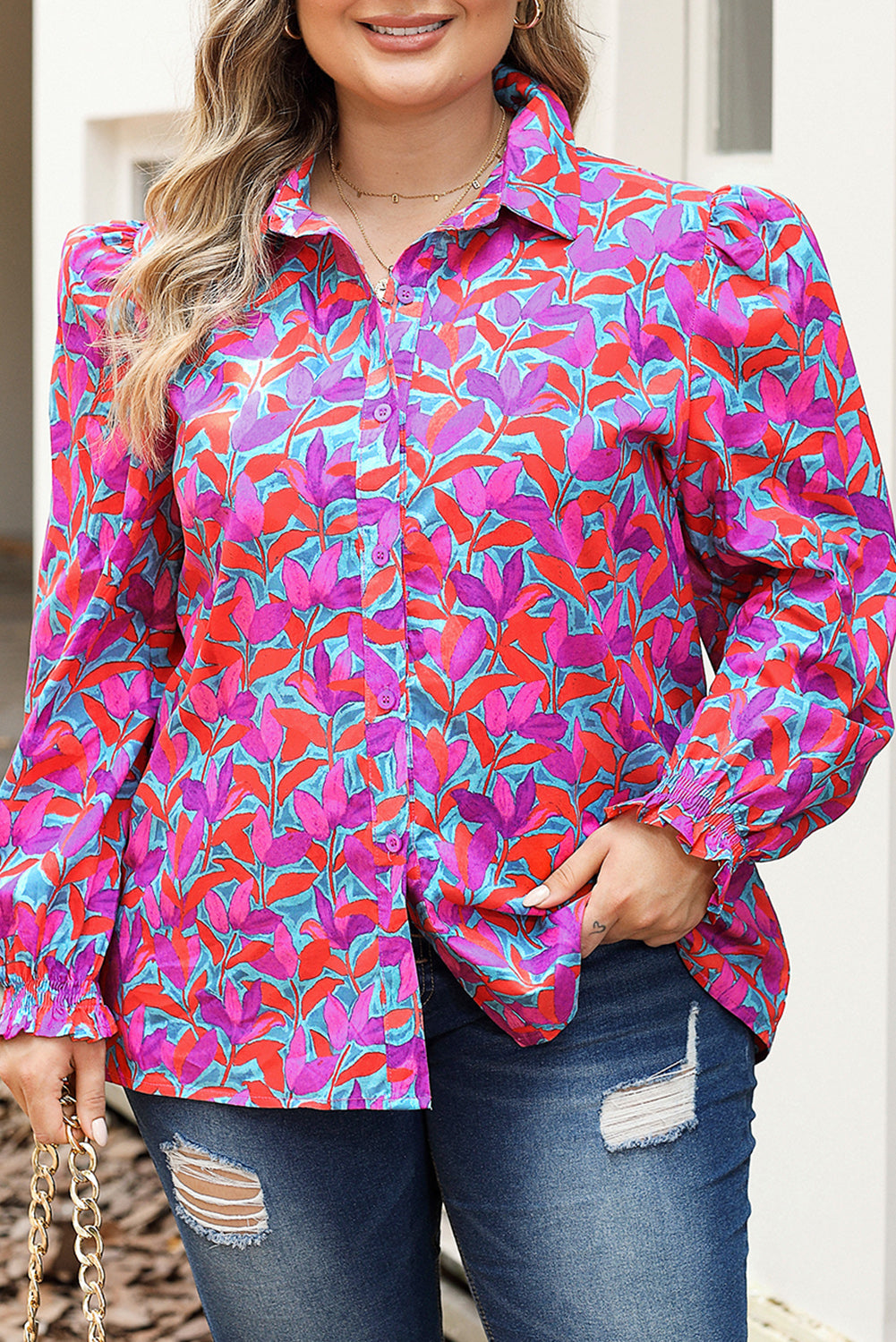 Multicolour Plus Size Floral Print Ruffled Puff Sleeve Shirt