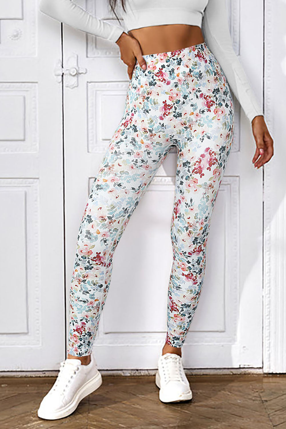 White Floral High Waist Yoga Fitness Leggings