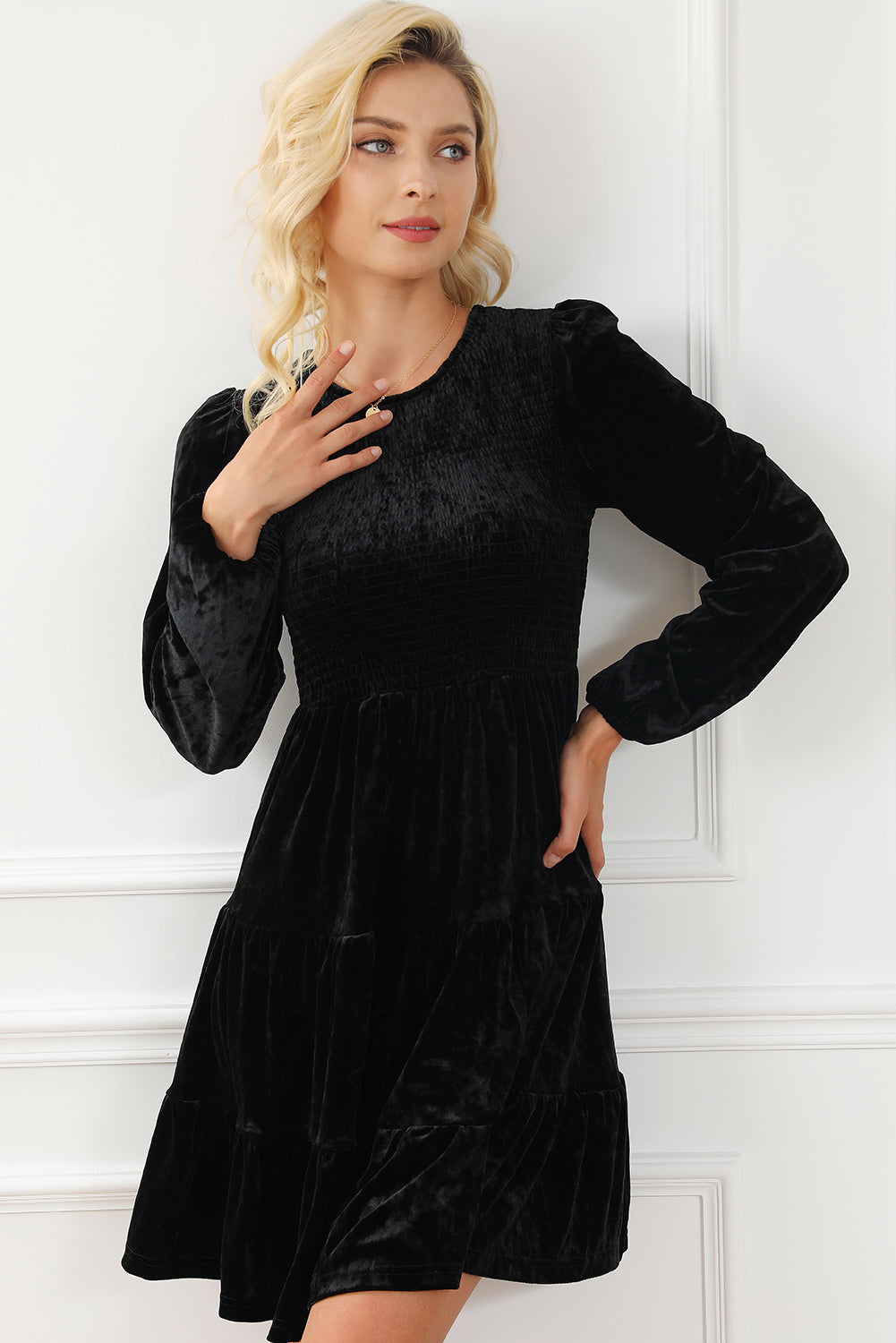 Black Velvet Smocked Puff Sleeve Ruffle Mini Dress